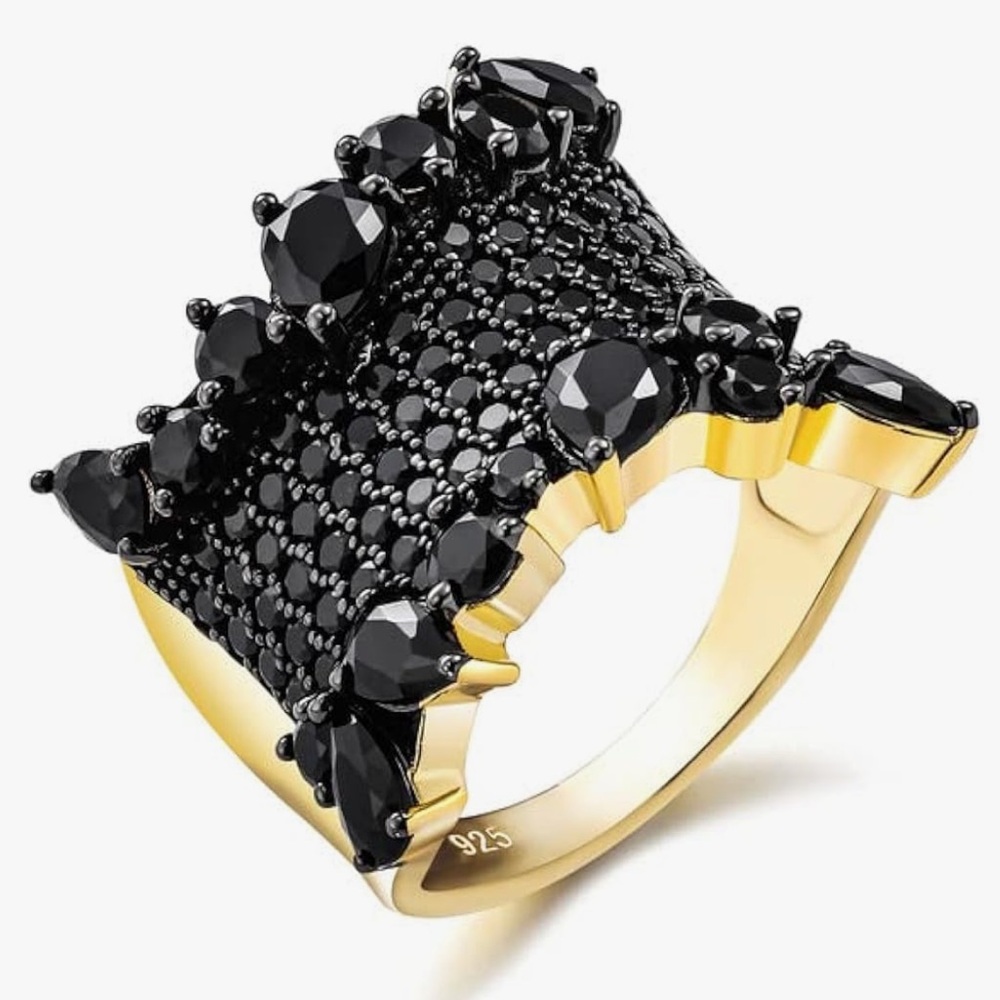 Genuine Black Spinel Gemstone Solid 925 Sterling Silver Statement Ring in Gold
